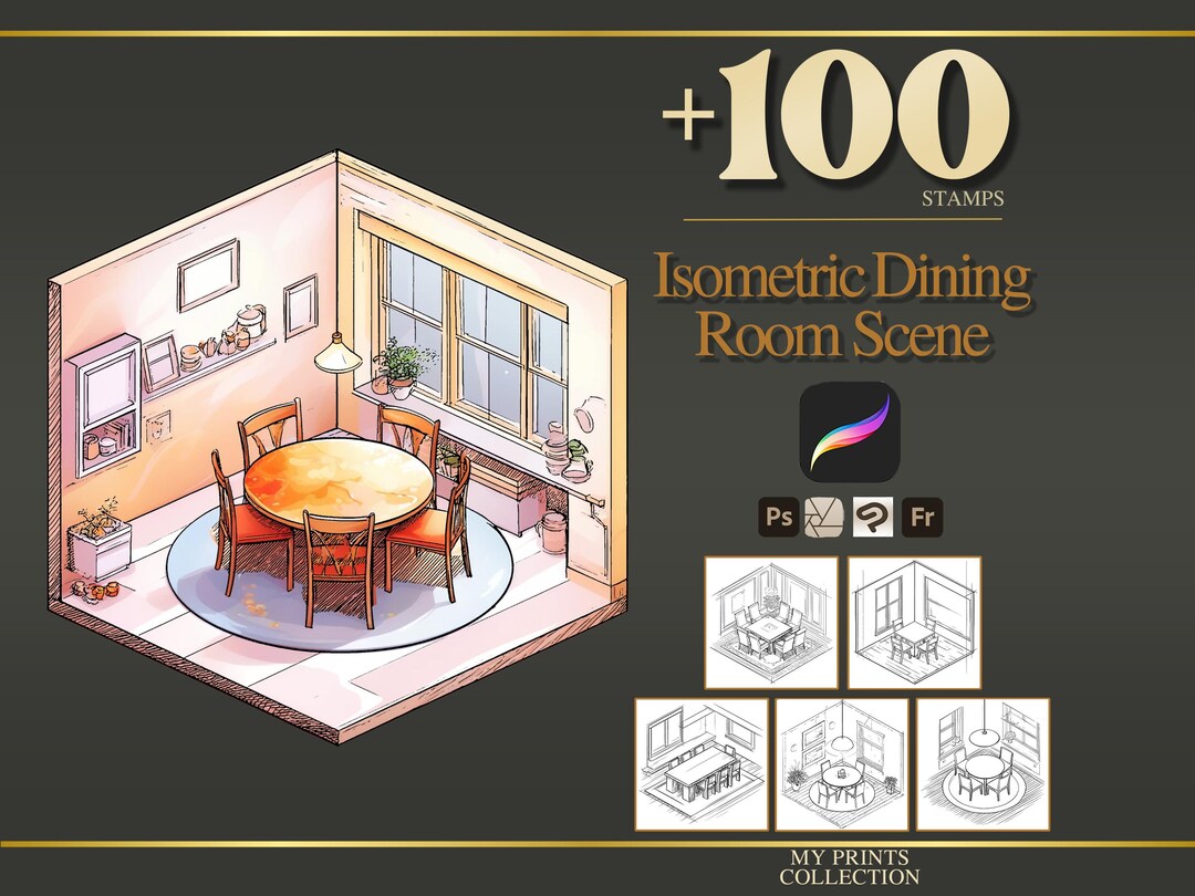 Isometric Dining Room Scene Procreate Stamps & Photoshop Brushes – 100 ...
