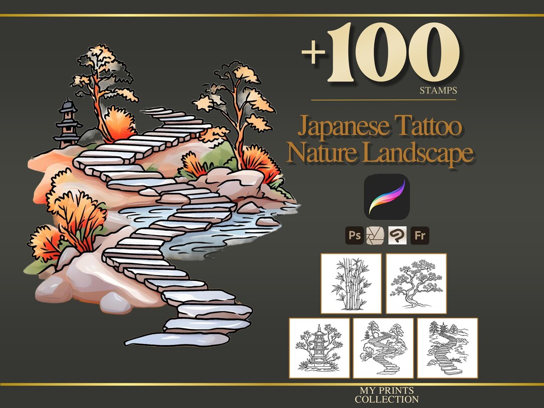 Nature Landscape Japanese Tattoo Procreate Stamps & Photoshop Brushes ...