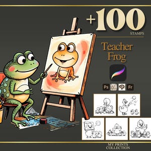 Teacher Frog Procreate Stamps & Photoshop Brushes – 100+ Bold Easy School Classroom Book Tattoo, Illustration, Line Art, Stencil, Brush Pack