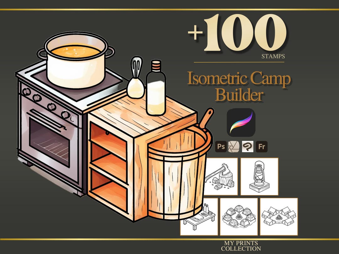 Isometric Camp Builder Procreate Stamps & Photoshop Brushes – 100 ...