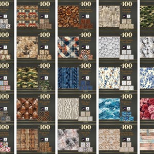 Peut inclure: Une collection d'&eacute;chantillons de tissus avec divers motifs et textures, notamment floraux, camouflage et abstraits. Chaque &eacute;chantillon est accompagn&eacute; d'un petit ensemble d'&eacute;chantillons coordonn&eacute;s, le tout sur un fond sombre.