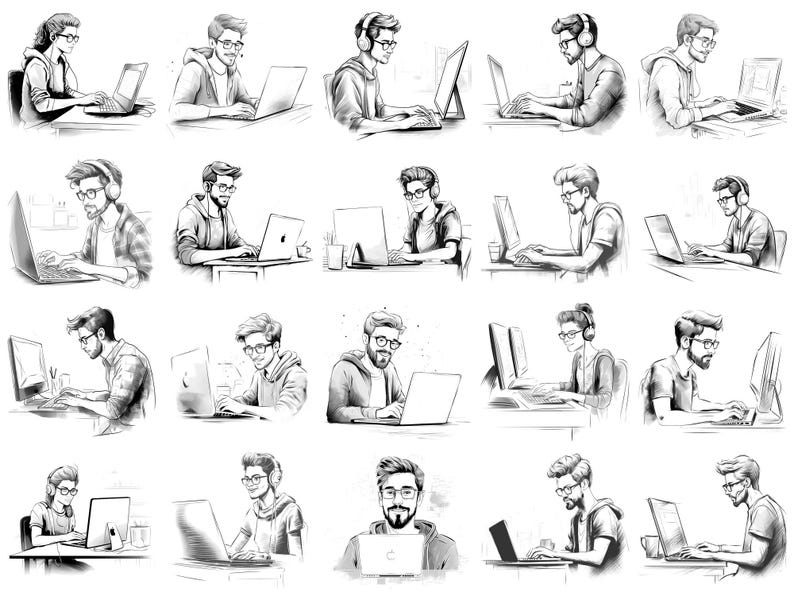 Softwareontwikkelaar Procreate Stamps en Photoshop-penselen – 100+ mensen Carrièretattoo, illustratie, zeer fijne tekeningen, stencil, penseelpakket afbeelding 4