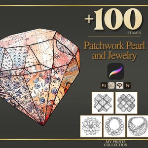 Könnte beinhalten: Digitale Illustration eines großen, facettenreichen Edelsteins mit einem Patchwork-Design in Rosa, Orange und Blau. Der Text lautet "+100 STAMPS Patchwork Pearl and Jewelry". Darunter sind Schmuckdesign-Beispiele.
