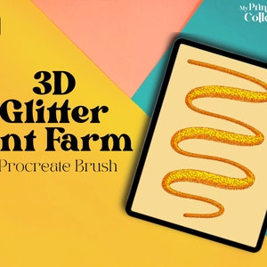 May include: A digital illustration of a 3D glitter ant farm Procreate brush. The brush is shown on a tablet screen with a yellow background. The brush is a gold colour and has a glittery texture.