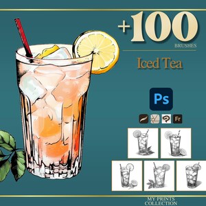 Könnte beinhalten: Illustration eines hohen Glases Eistee mit Eiswürfeln, einer Zitronenscheibe und einem roten Strohhalm. Das Bild enthält den Text "+100 BRUSHES" und "Iced Tea" sowie Photoshop-Symbole und zusätzliche Skizzen des Getränks.