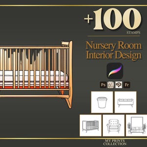 Nursery Room Interior Design Procreate Stamps & Photoshop Brushes – 100+ House Home Decor Planner Plan Furniture Sketch Room Kit Floorplan