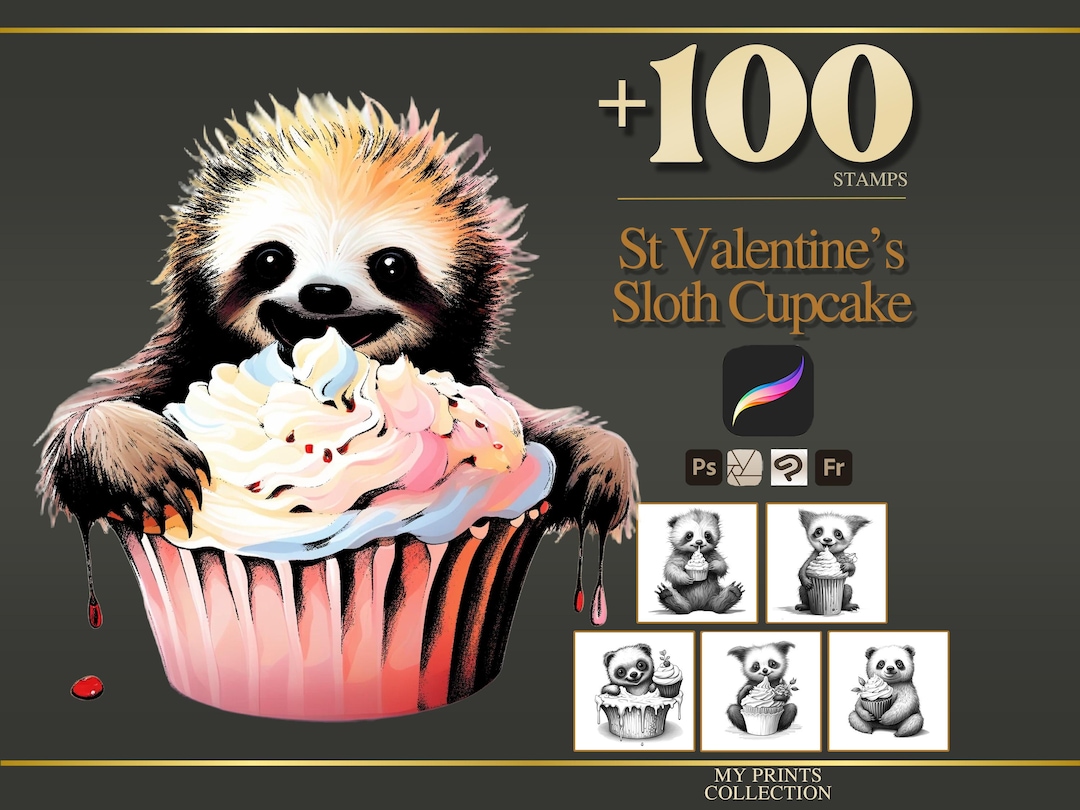 St Valentines Sloth Cupcake Procreate Stamps & Photoshop Brushes – 100 ...