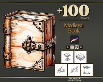 Book Medieval Procreate Stamps & Photoshop Brushes – 100+ Woodcut Tattoo, Digital Art, Clipart, Line Art, Brush Pack