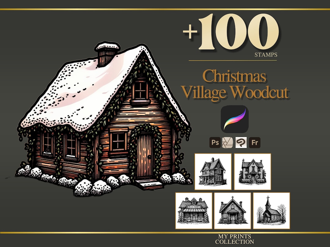 Christmas Village Woodcut Procreate Stamps & Photoshop Brushes – 100 ...