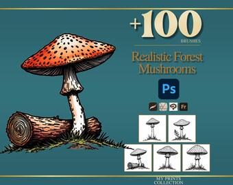 May include: A digital collection of over 100 realistic forest mushroom brushes for Photoshop, featuring a large orange-capped mushroom illustration on a log, with five smaller black and white mushroom sketches and software icons.
