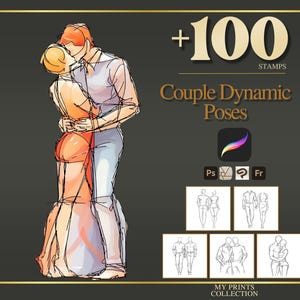 Pode incluir: Impressão de arte digital com um casal se abraçando e beijando, renderizado em estilo de esboço. A imagem inclui o texto "+100 Stamps" e "Couple Dynamic Poses". Ícones e poses de amostra adicionais também são visíveis.