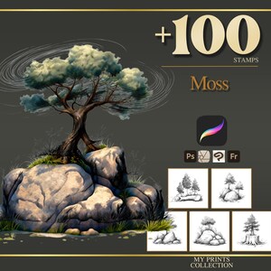 Moss Procreate Stempel & Photoshop-Pinsel - 100+ Platz Haus Landschaft Magisches wunderliches Tattoo, Illustration, Schablone, Pinselpaket