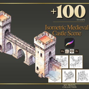 May include: An illustration of an Isometric Medieval Castle Scene, featuring two towers linked by a bridge. The image includes the text "+100 STAMPS" and "Isometric Medieval Castle Scene". The image also includes the Procreate app logo and the letters "Ps", "?", and "Fr".