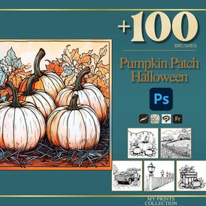 May include: Digital artwork showing pumpkins in a pumpkin patch with autumn leaves. The image includes the text "+100 BRUSHES" and "Pumpkin Patch Halloween" with Photoshop and brush icons. Additional black and white illustrations are also included.