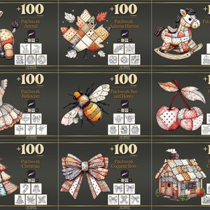 Peut inclure: Collection de tampons d'art num&eacute;rique avec des motifs patchwork. Les images comprennent un &acirc;ne, une feuille, un cheval &agrave; bascule, une robe, une abeille, des cerises, un sapin de No&euml;l, un n&oelig;ud et un cottage. Chaque motif est accompagn&eacute; du texte "+100".