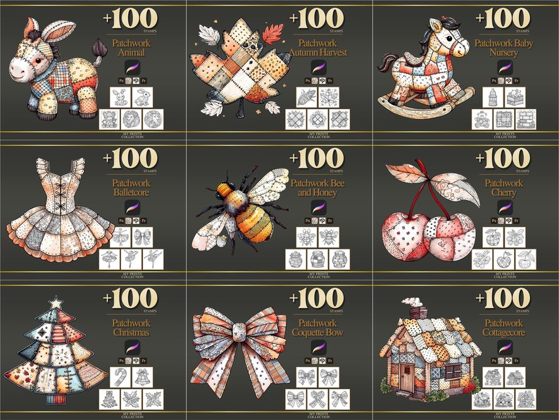 Peut inclure: Collection de tampons d'art num&eacute;rique avec des motifs patchwork. Les images comprennent un &acirc;ne, une feuille, un cheval &agrave; bascule, une robe, une abeille, des cerises, un sapin de No&euml;l, un n&oelig;ud et un cottage. Chaque motif est accompagn&eacute; du texte "+100".