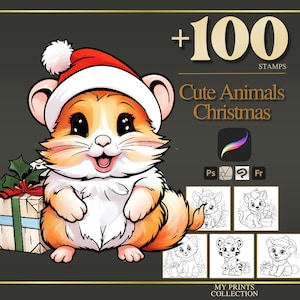 Cute Animals Christmas Procreate Stamps & Photoshop Brushes – 100+ Tattoo, Drawing, Digital Art, Clipart, Line Art, Brush Pack