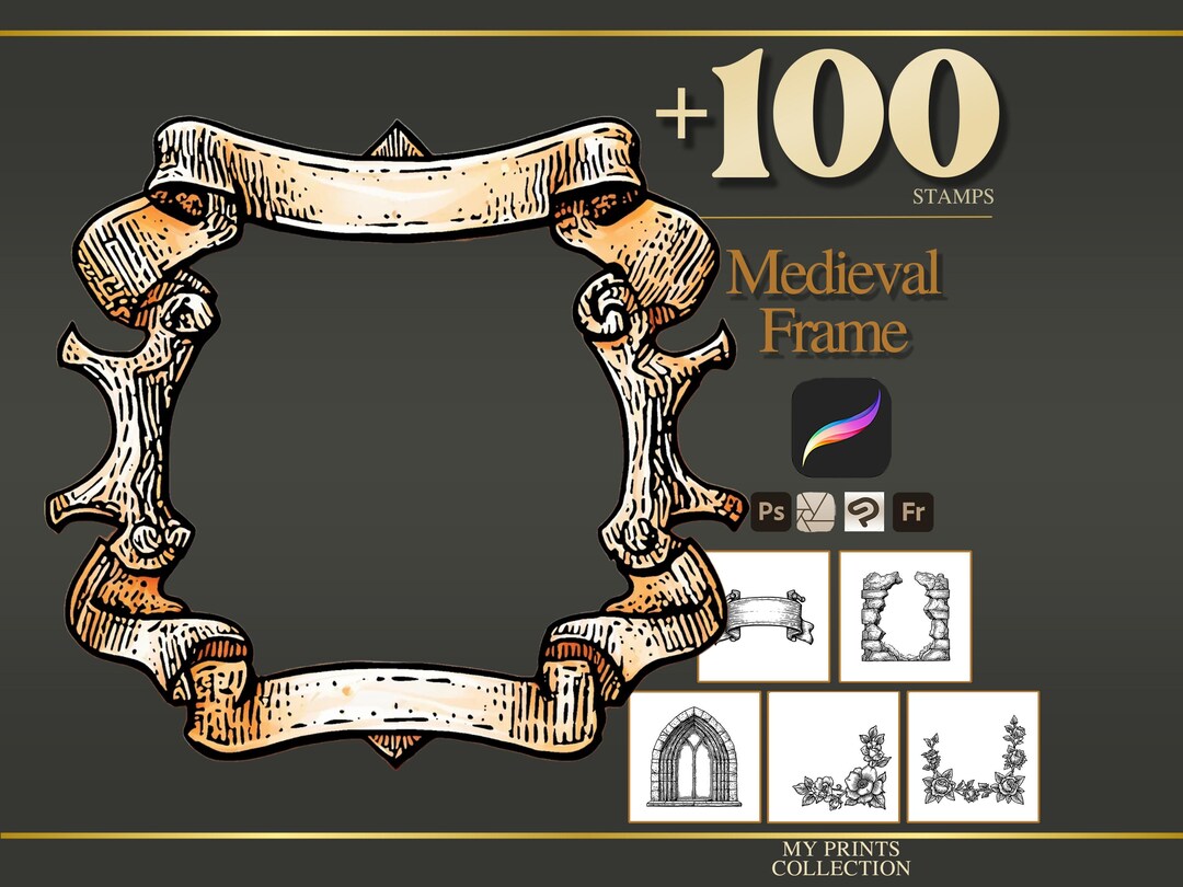Frame Medieval Procreate Stamps & Photoshop Brushes – 100+ Woodcut ...