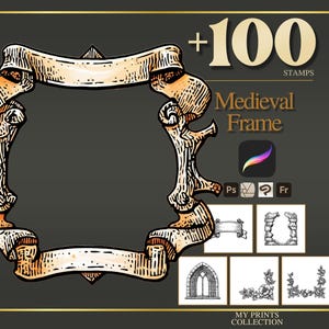Peut inclure: Illustration d'un cadre médiéval avec une bannière et des éléments décoratifs, avec le texte "+100 STAMPS Medieval Frame". L'image comprend des exemples de tampons et des icônes de logiciels sur fond sombre.