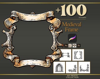 Frame Medieval Procreate Stamps & Photoshop Brushes – 100+ Woodcut Tattoo, Digital Art, Clipart, Line Art, Brush Pack