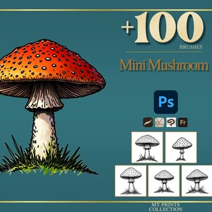 Può includere: Una collezione digitale di oltre 100 pennelli a forma di fungo per software di design, con una grande illustrazione di un fungo rosso a pois bianchi, il testo +100 BRUSHES Mini Mushroom, un'icona Photoshop e cinque piccoli campioni in bianco e nero.