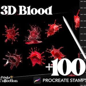 Puede incluir: Una ilustración digital de una pantalla de tableta que muestra una colección de 100 sellos de Procreate con salpicaduras de sangre en 3D. El texto "3D Blood +100 Procreate Stamps" se muestra en la pantalla.