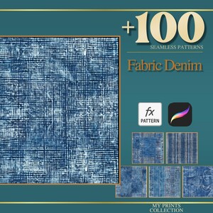 Pode incluir: Gráfico digital com um padrão de tecido denim. A imagem inclui o texto "+100 SEAMLESS PATTERNS" e "Fabric Denim". Ícones e amostras de padrões adicionais também são exibidos, tudo em um fundo azul-petróleo.