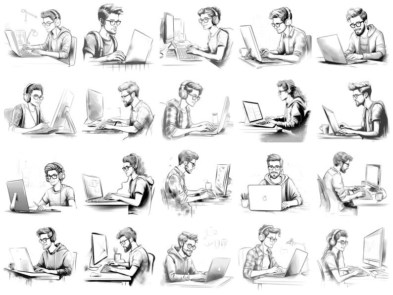 Softwareontwikkelaar Procreate Stamps en Photoshop-penselen – 100+ mensen Carrièretattoo, illustratie, zeer fijne tekeningen, stencil, penseelpakket afbeelding 7