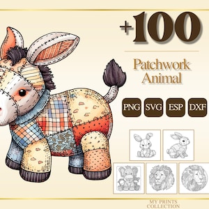 Könnte beinhalten: Aquarell-Illustration eines Patchwork-Esels mit bunten Stoffflicken. Das Bild enthält den Text "+100 Patchwork Animal" und Symbole für die Dateiformate PNG, SVG, ESP und DXF sowie Tierzeichnungen.