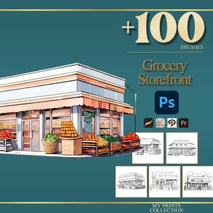 May include: Watercolor illustration of a grocery storefront with a red and white awning. The image includes text that reads "+100 BRUSHES Grocery Storefront Ps". Baskets and crates of produce are displayed outside.