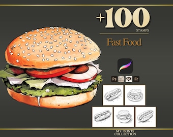 Fast Food Procreate Stamps & Photoshop Brushes – 100+ Food Beverage Cuisine Coffee Tattoo, Illustration, Line Art, Stencil, Brush Pack