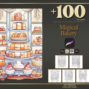 Magical Bakery Procreate Stamps & Photoshop Brushes – 100+ Interior Room Design Tattoo, Illustration, Line Art, Stencil, Brush Pack