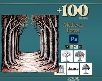 Forest Medieval Photoshop Brushes & Procreate Stamps – 100+ Woodcut Tattoo, Digital Art, Clipart, Line Art, Stencil