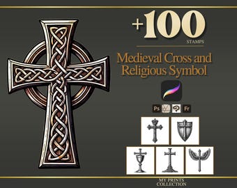Cross and Religious Symbol Medieval Procreate Stamps & Photoshop Brushes – 100+ Woodcut Tattoo, Digital Art, Clipart, Line Art, Brush Pack