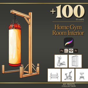 May include: A digital illustration of a punching bag hanging from a wooden stand, accompanied by text reading +100 STAMPS Home Gym Room Interior. Smaller icons display gym equipment including an elliptical, a cabinet, a bench, a bike, and a stool.