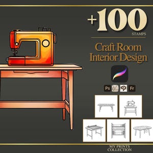 May include: A digital illustration of an orange sewing machine on a wooden table. The text reads +100 STAMPS Craft Room Interior Design. Below are five small line art icons of furniture and a sewing machine, along with software logos for Procreate.