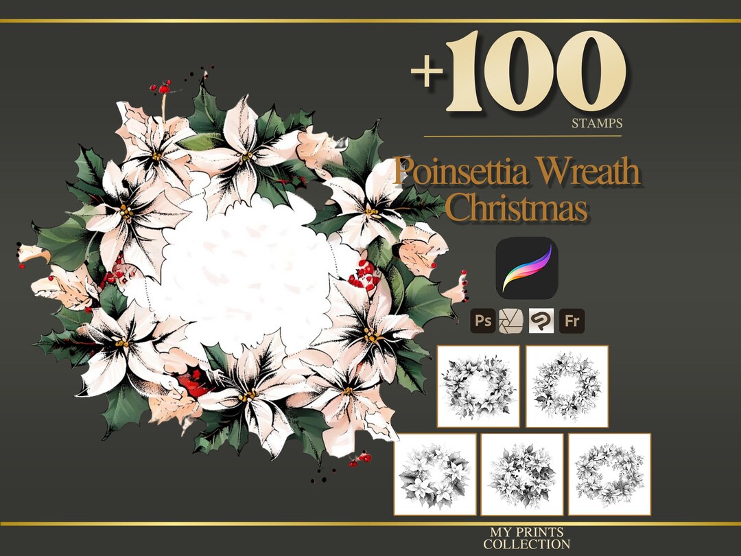 Poinsettia Wreath Christmas Procreate Stamps & Photoshop Brushes – 100 ...