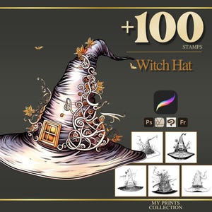 Witch Hat Halloween Procreate Stamps & Photoshop Brushes – 100+ Tattoo, Drawing, Digital Art, Clipart, Line Art, Brush Pack