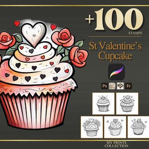 St Valentines Cupcake Procreate Stamps & Photoshop Brushes – 100+ Romance Love Holiday Tattoo, Illustration, Line Art, Stencil, Brush Pack