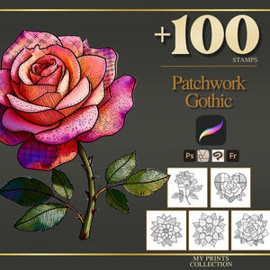 Peut inclure: Illustration numérique d'une rose avec un motif patchwork dans les tons rose, orange et violet. L'image comprend le texte "+100 STAMPS" et "Patchwork Gothic". Plusieurs illustrations de roses en noir et blanc sont en dessous.