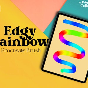 Può includere: Un'illustrazione digitale di un tratto di pennello arcobaleno sullo schermo di un tablet. Il testo "Edgy Rainbow Procreate Brush" è visualizzato su uno sfondo giallo.