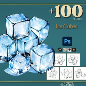 May include: A watercolour illustration of ice cubes, set against a teal background with gold detailing. The image features the text "+100 Brushes" and "Ice Cubes", along with Photoshop icons and sketches of ice cubes. The image is from the "My Prints Collection".