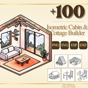 Pode incluir: Gráfico isométrico de construtor de cabanas e chalés com uma cena de sala de estar. A imagem inclui um sofá branco, uma mesa de centro de madeira e um tapete vermelho. O texto diz "+100 Isometric Cabin & Cottage Builder".