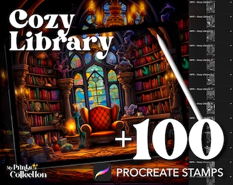 Más de 100 sellos de biblioteca acogedores para Procreate, estanterías para escritorios, diseño de interiores para habitaciones y casas, descarga digital, material de arte digital, pincel para Procreate
