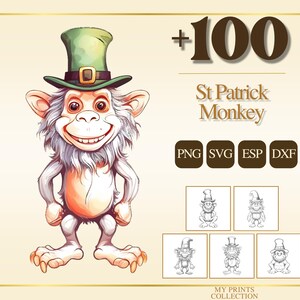 Può includere: Una scimmia dei cartoni animati con un cappello da folletto verde con fibbia dorata. L'immagine include il testo "+100 St Patrick Monkey" e icone per i formati di file PNG, SVG, ESP e DXF. Sotto ci sono cinque disegni al tratto della scimmia.