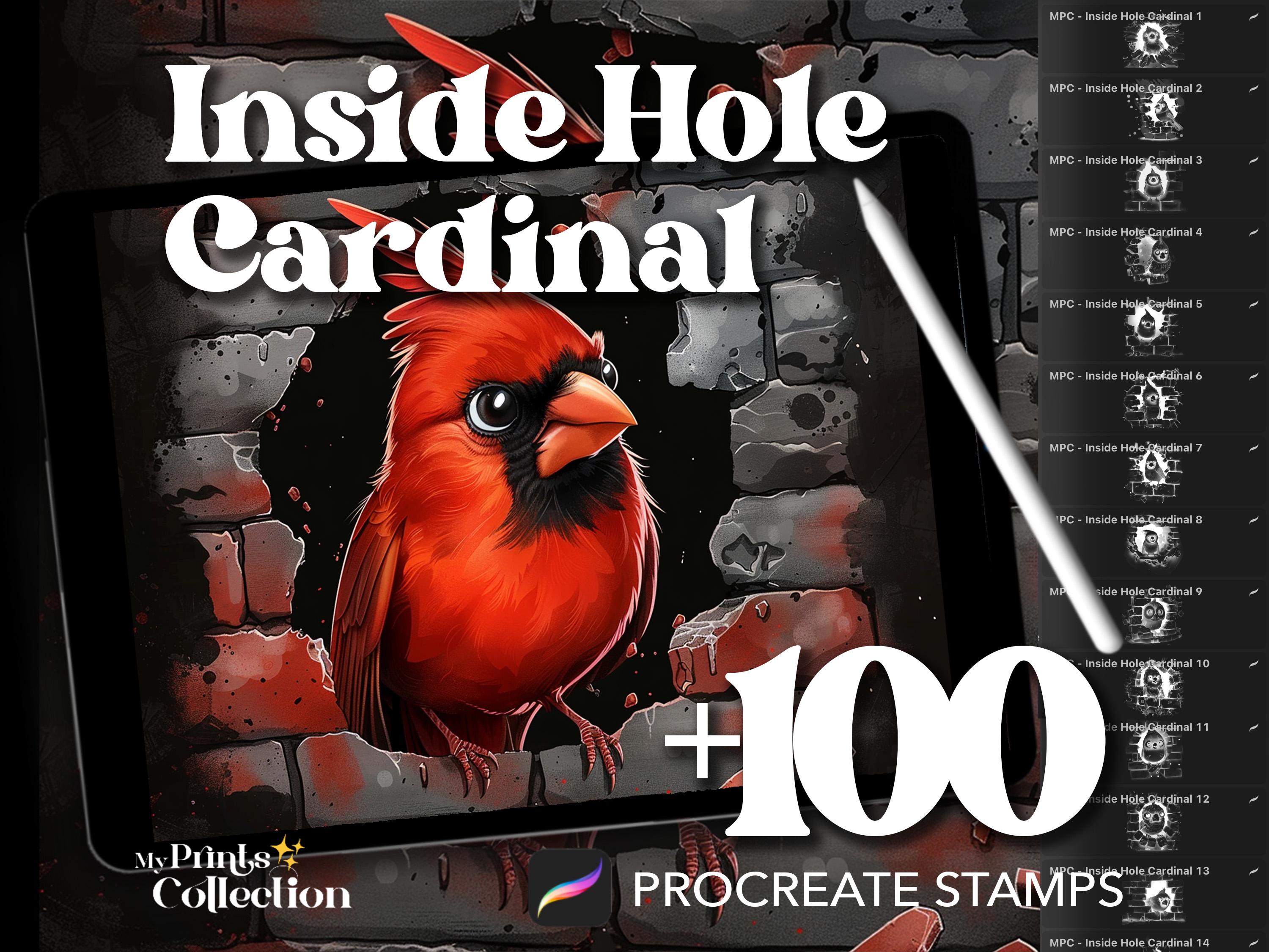 100+ Sellos de Procreate de Cardenal – Siluetas de aves inside hole, pinceles Magic Snow invierno Navidad, descarga digital