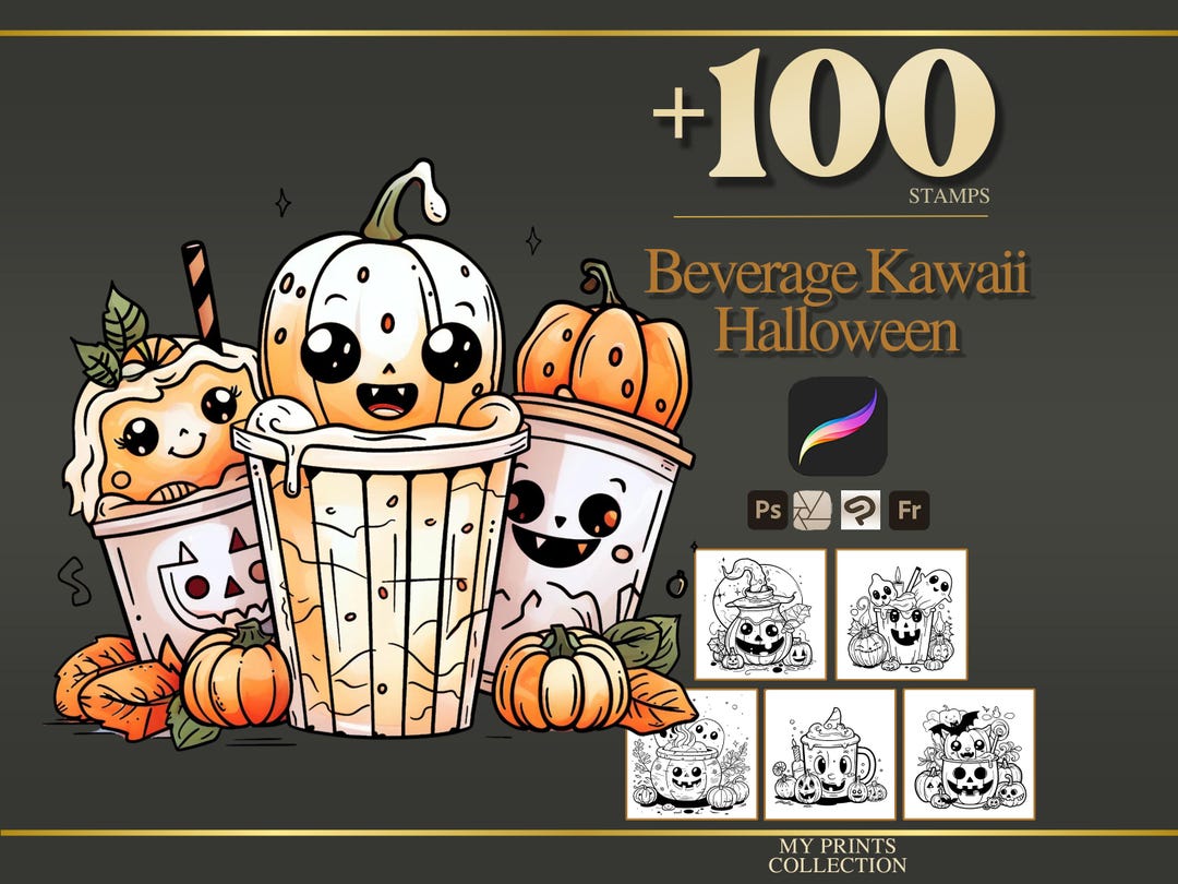 Beverage Kawaii Halloween Procreate Stamps & Photoshop Brushes – 100 ...
