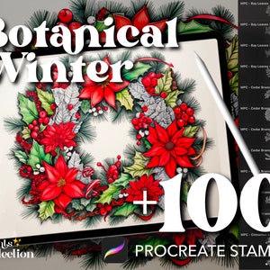100+ Procreate Winter Botanical Stamps, Pine Mistletoe Wreath Christmas Xmas Winter, Digital Download, Digital Art Supply, Procreate Brush