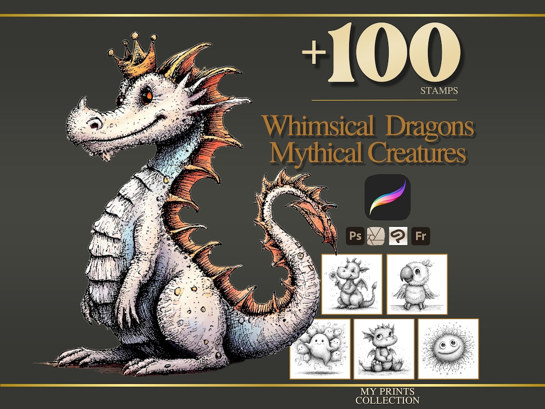 Whimsical Dragons Mythical Creatures Procreate Stamps & Photoshop ...