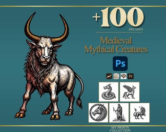 Mythical Creatures Medieval Photoshop Brushes & Procreate Stamps – 100+ Woodcut Tattoo, Digital Art, Clipart, Line Art, Stencil